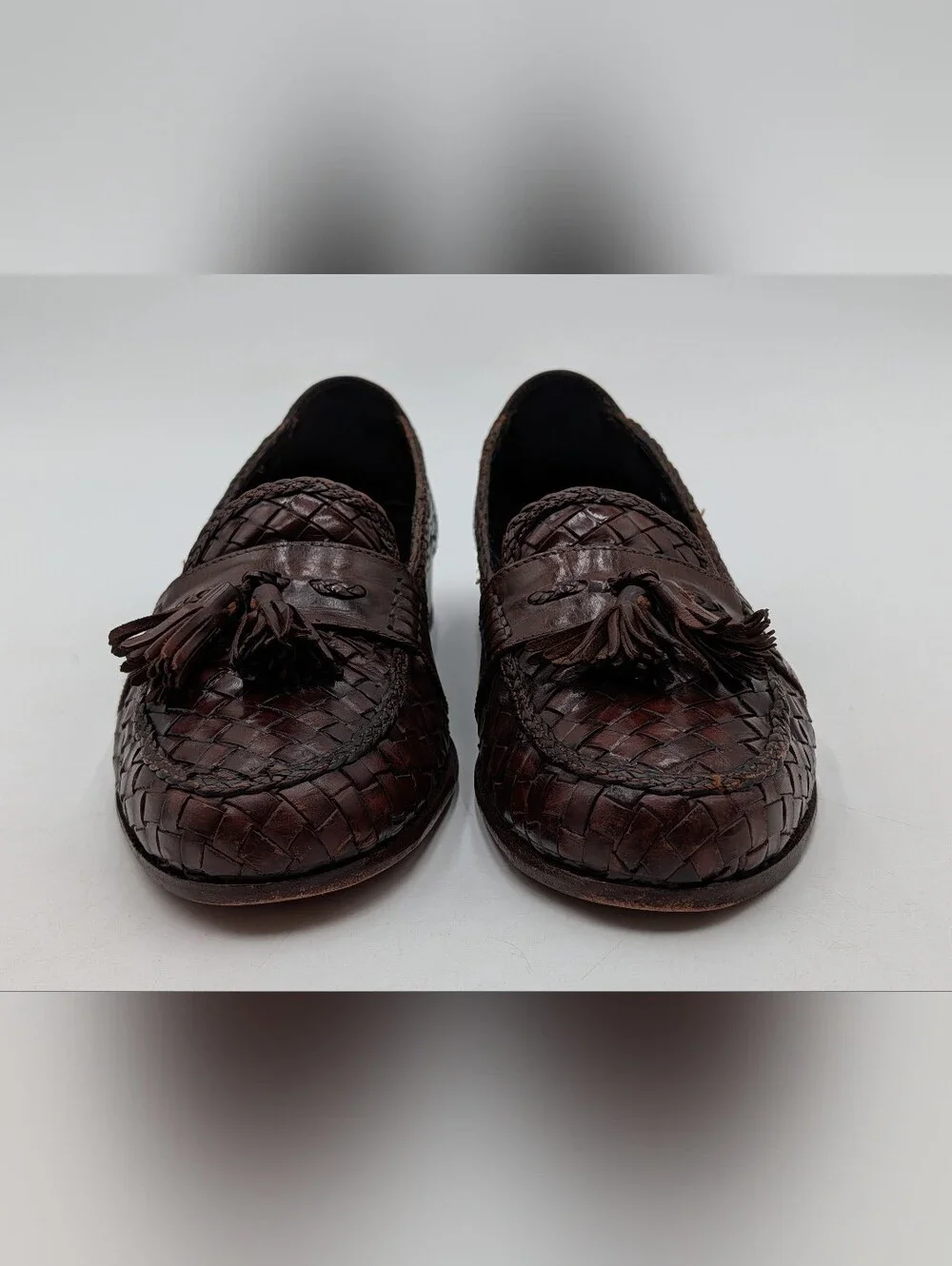 Bragano Size 10M Men's Oxblood-Brown Woven Leather Tassel Loafers Made in Italy